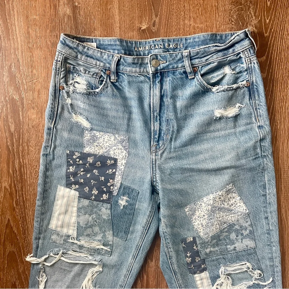 American Eagle Outfitters Blue Patchwork Mom Straight Jeans 12 - Picture 5 of 10